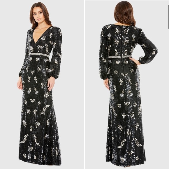 Mac Duggal Black Sequins & Stone Embellished Wrap Over Bishop Sleeve Gown #93616 - Picture 1 of 12
